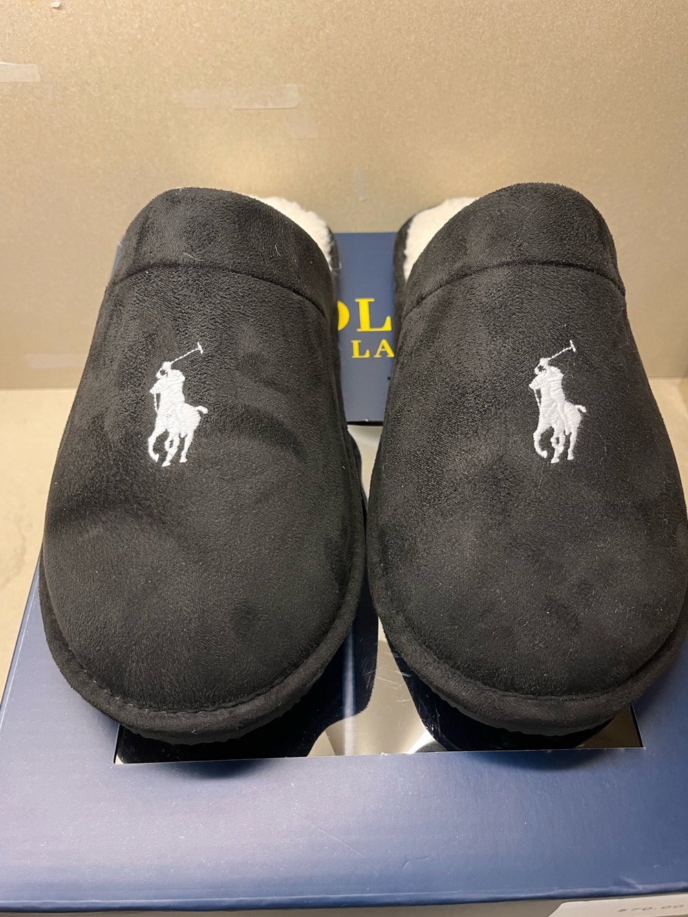 Ralph Lauren Black Suede Slip-On Slippers with White Polo Logo